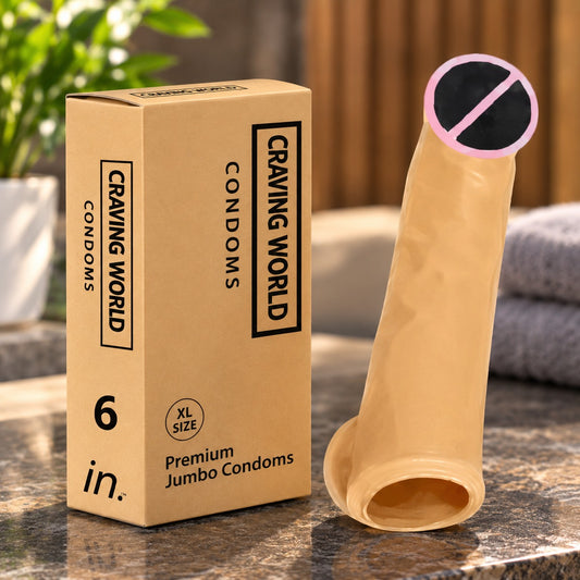 Craving World Premium Jumbo Condoms box next to a textured silicone premium condom, ideal for comfortable use.