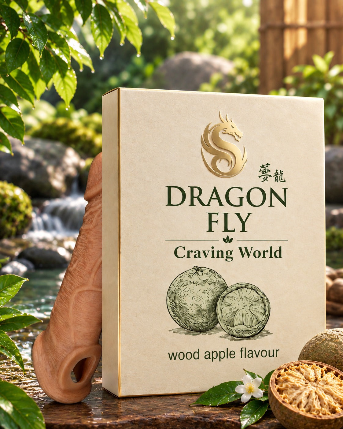 Dragon Fly flavored condom packaging featuring wood apple flavor in a natural setting.