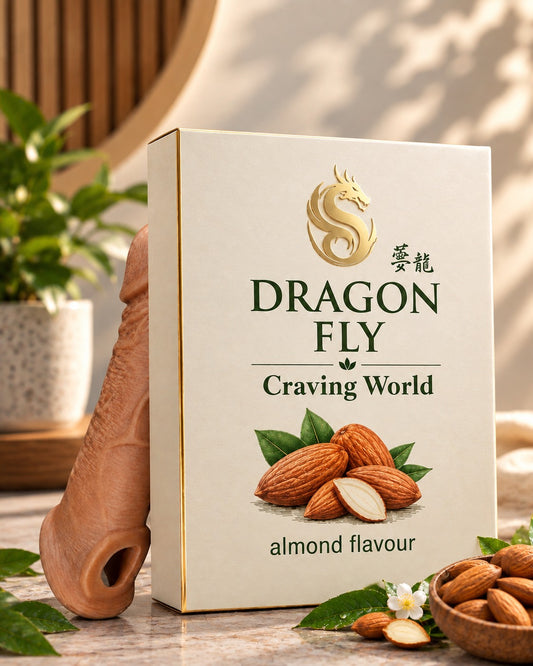 Dragon Fly almond flavour product packaging with realistic silicone textured model beside it.